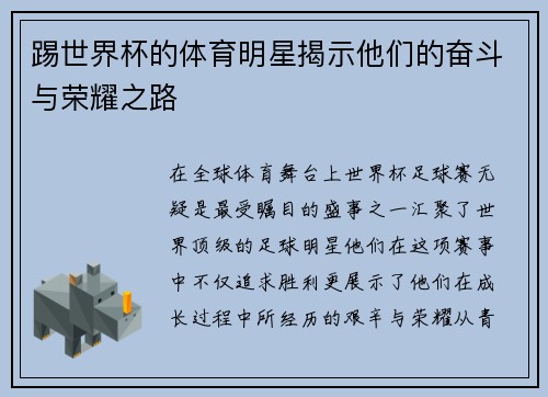 踢世界杯的体育明星揭示他们的奋斗与荣耀之路