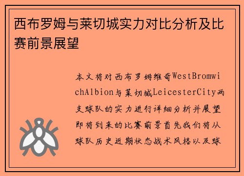西布罗姆与莱切城实力对比分析及比赛前景展望